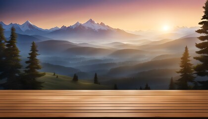 wooden deck display platform looking our over a mountain vista at sunrise - obrazy, fototapety, plakaty