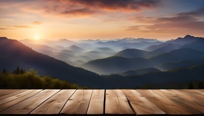 Wooden deck display platform looking out over a mountain vista at sunset - obrazy, fototapety, plakaty