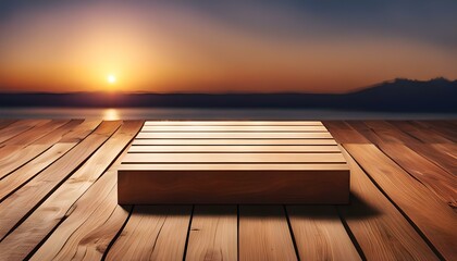wooden display platform with a lake sunset landscape in the background