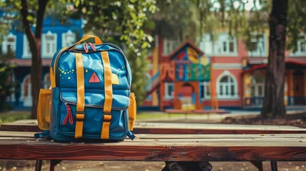 Selbstklebende Fototapeten Spooky school backpack on wooden bench with school in background - eerie atmosphere in educational setting © Ashi