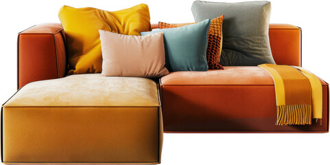 Contemporary modular velvet sofa with plush cushions, cut out transparent