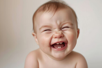 A baby is smiling and laughing, with a tooth missing