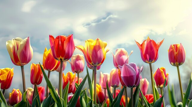 Colorful Tulip Flowers in the Garden with Sky Background. A Beautiful Floral Background for Mother's Day, Women's Day, Easter Holiday, March 8th, Birthday, and More.
