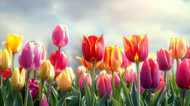 Colorful Tulip Flowers in the Garden with Sky Background. A Beautiful Floral Background for Mother's Day, Women's Day, Easter Holiday, March 8th, Birthday, and More.