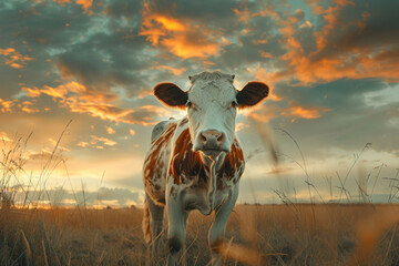 a cow stands in a field during daylight, surrounded by richly colored skies. the photograph showcases detailed portraitures with a mix of dark white and orange tones - Powered by Adobe