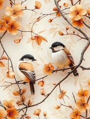 2D elegant bird pattern on soft cream background, closeup, pastel shades, gentle light
