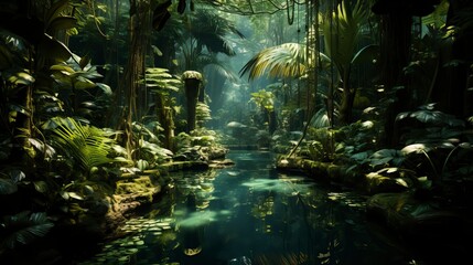 A lush tropical rainforest with a cascading waterfall