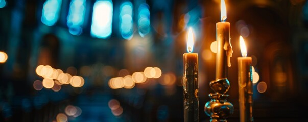 closeup of candlesticks with burning white wax sticks in the Orthodox church blurred details of interior decoration Generative AI - obrazy, fototapety, plakaty