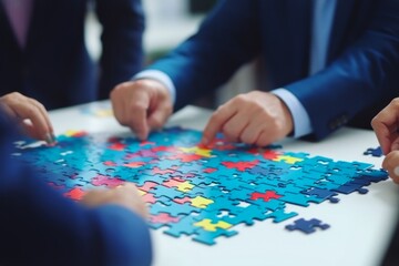 Group people putting puzzles together. Hands teamwork thinking partnership business meeting jigsaw strategy cooperation brainstorm company unity success piece join game part element mosaic logic shape