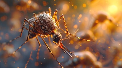 An intricately detailed close-up of a mosquito feeding, showcasing its proboscis and detailed body texture. - obrazy, fototapety, plakaty