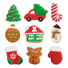 Different tasty Christmas cookies isolated on white, top view