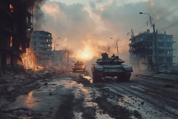 Disasters, battles and wars with a tank taking care of - obrazy, fototapety, plakaty