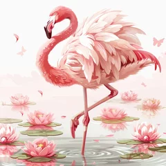  A pink flamingo is standing in a pond with pink flowers. The image has a serene and peaceful mood, with the flamingo being the main focus of the scene © AW AI ART