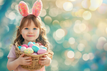 Naklejka premium Adorable girl in bunny ears holding basket of colorful Easter eggs against bokeh background