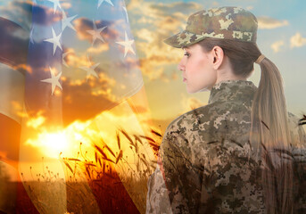 Veterans Day. Military woman outdoors and flag of USA, double exposure