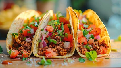 Traditional Mexican tacos with meat and vegetables - obrazy, fototapety, plakaty