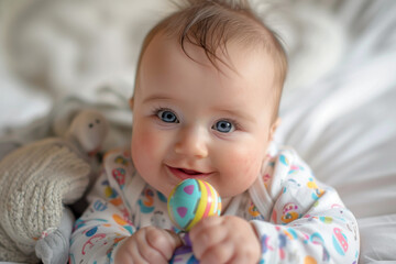 A baby is laying on a bed with a stuffed animal and a toy