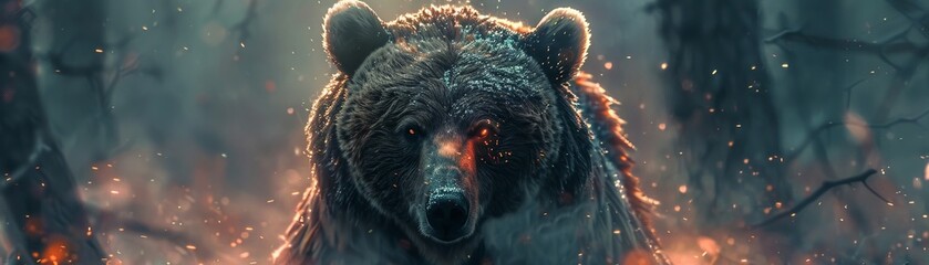 Bear with shimmering energy shield, facing forward, deep forest, soft dawn light - obrazy, fototapety, plakaty