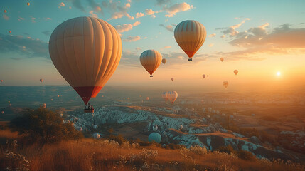 Obraz premium balloons take off in the valley, gradient, white and light turquoise. AI generative