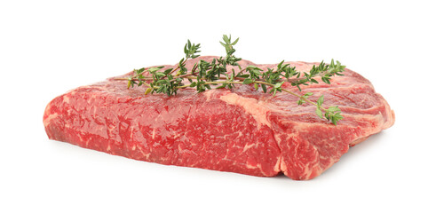 Fresh raw beef cut with thyme isolated on white