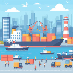 Obraz premium international cargo delivery ship at the port flat illustration