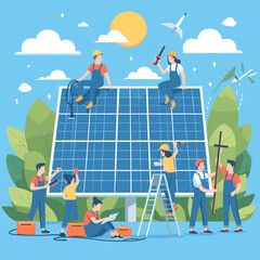 Solar power plant maintenance flat illustration