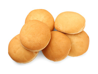 Fresh hamburger buns isolated on white, top view