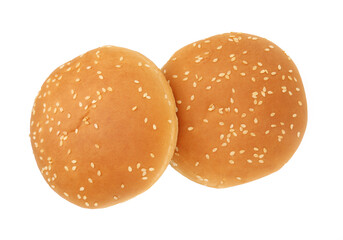 Fresh hamburger buns isolated on white, top view