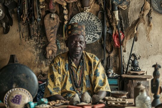 Ancient African shaman. Costume tribal man. Generate Ai