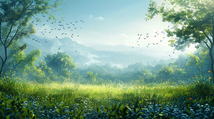 Spring style, Swallows, wills, blue sky, sunlight, soft and ethereal, detailed, miniature. AI generative
