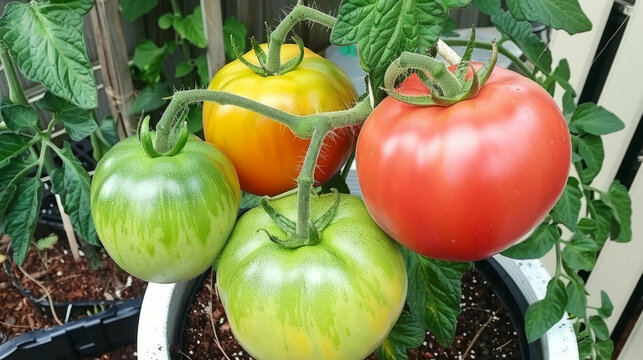 Stages of ripening tomatoes on a vine growing in a city garden or on a balcony