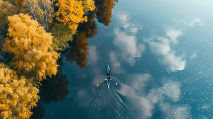 Person rowing on a calm lake in autumn, aerial view only small boat
