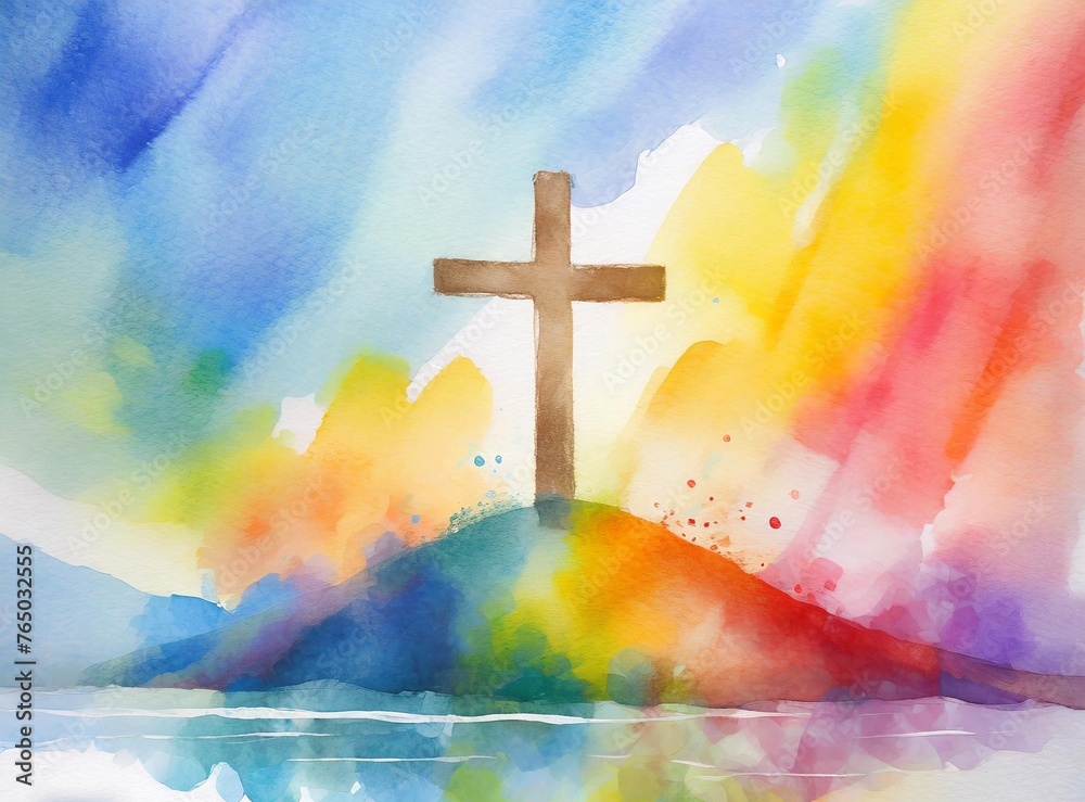 Sticker Christian cross on colorful watercolor style painting, copy space background, Christianity