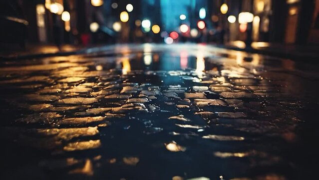 Touristic cityscape rain-kissed urban pavement mirrors nightlife, streets, glowing metropolis.