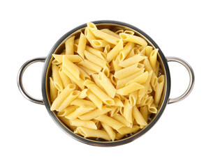 Cooked pasta in metal colander isolated on white, top view