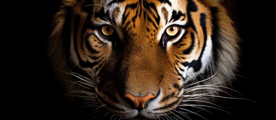 Close-up view of a fierce tiger's face against a dark black background, showcasing its powerful and intense expression