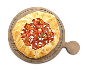 Tasty galette with tomato, thyme and cheese (Caprese galette) isolated on white, top view