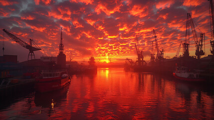 Dramatic industrial sunset with vivid clouds over a harbor with silhouettes of cranes and ships.