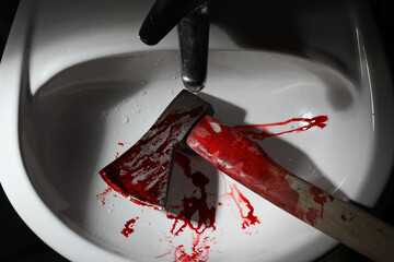 Axe with blood in sink, above view