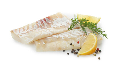 Fresh raw cod fillets with peppercorns, dill and lemon isolated on white
