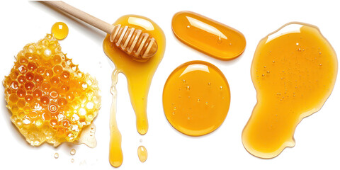 Set honey spill, Sweet honey spill drip isolated isolated on transparent png.	