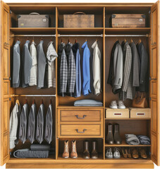 Obraz na płótnie Canvas Organized men's wardrobe with various clothing, cut out transparent