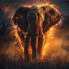 Elephant encased in protective energy field, charging, savannah, ground level, golden hour