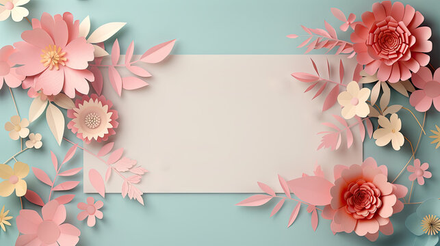 3D Paper Craft Flowers Frame on Pink Background. Perfect Framework for Congratulatory Greetings Cards for Valentine's Day, Mother's Day, Women's Day, Weddings, Anniversaries, Banners, or Posters