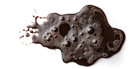 Spilled dark stout beer puddle with foam isolated on transparent png.
