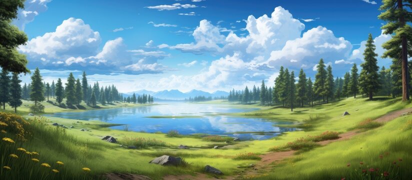 A beautiful painting showcasing a serene lake surrounded by lush green trees and foliage, creating a tranquil forest scene