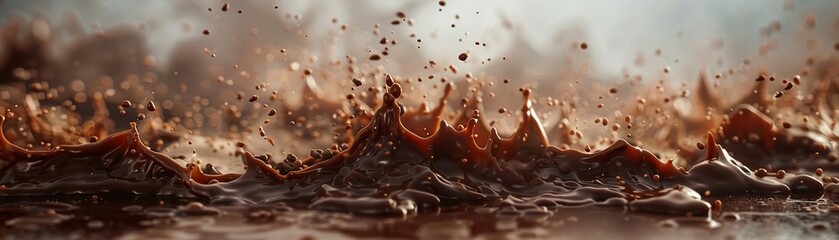 Floating fudge in a chocolate storm, ground level, ethereal mist, deep brown, moody light - obrazy, fototapety, plakaty