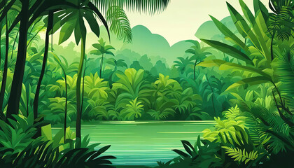 Illustration in green colors lake in the tropics
