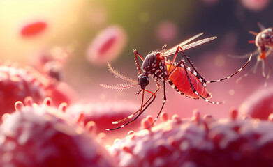 Close-up of a mosquito that is biting and brings with it dengue fever. - obrazy, fototapety, plakaty