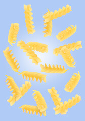Raw fusilli pasta flying on blue background